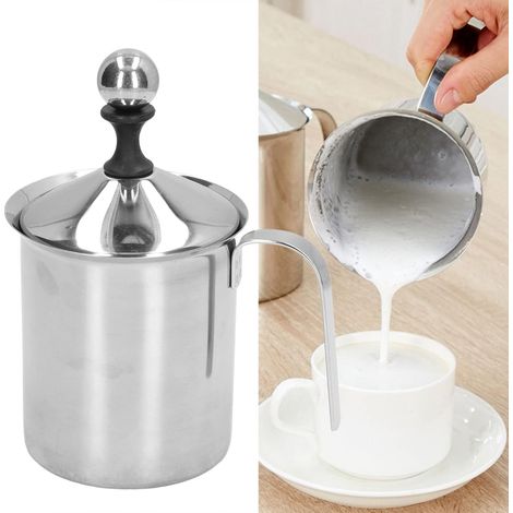 400ml manual milk frother, stainless steel double mesh, latte cappuccino coffee foam pitcher, with handle, lid, double layer filter (1/5)