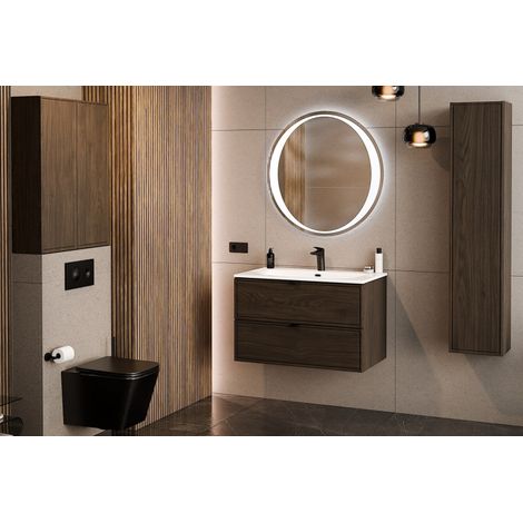 Ensemble Complet Meuble Vasque 80 cm + Vasque + Miroir LED + Colonne + 2 meubles hauts - Caldera Foncé - Livraison gratuite