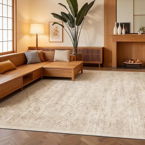 Washable Rug 140 x 200 cm, Ultra Soft Short Pile Rug with Non-Slip Underside, Large Rug for Living Room, Bedroom, Dining Room or Office, Modern Vintage Look, Beige (1/5)
