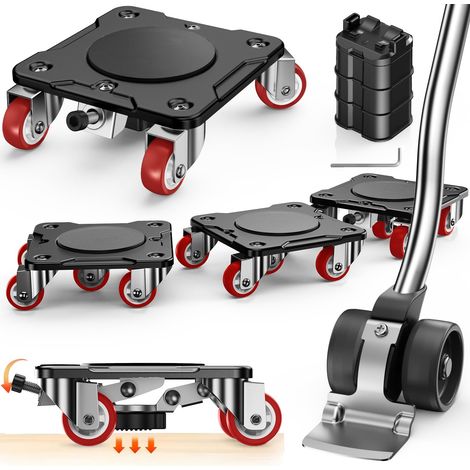 Kit Déplace-Meubles avec Lève-Meubles & Fonction Parking(Noir) Roulettes pivotantes à 360°, chariot en acier au carbone avec lève-meubles, placement stable, capacité 500 kg (1/5)