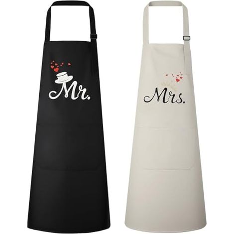 Lot de 2 tabliers Mr & Mrs, tablier bavette réglable avec 2 poches, tablier de cuisine résistant aux éclaboussures, tablier unisexe personnalisé pour cuisine, restaurant, café. (1/5)