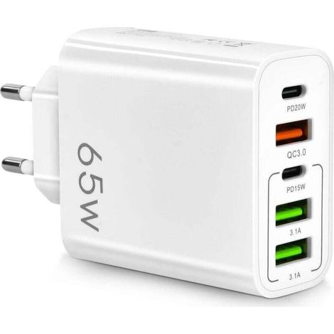 Chargeur USB C Rapide 65W, XU, Prise Multiple avec 2 USB C + 2 USB + 1 QC 3.0, Prise USB Chargeur 5 Ports Compatible avec iPhone 14 Pro Max 13 12 11 XS XR 8 7, MacBook Pro, IPad, Galaxy (Blanc) - KZQ (1/4)