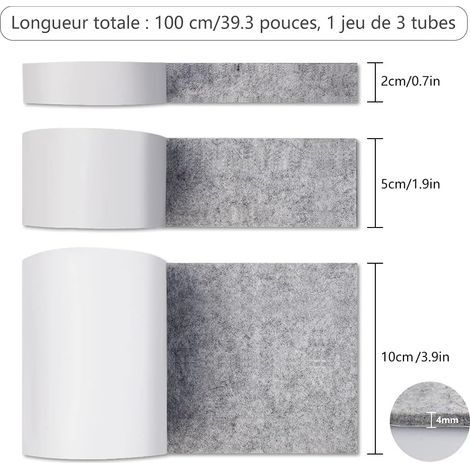 Selbstklebende Filzgleiter, 3 Rollen selbstklebender Filz für Möbel (100 cm x 10 cm + 100 cm x 5 cm + 100 cm x 2 cm). Beliebig zuschneidbar, grau. (1/4)