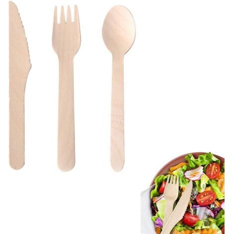 Impatiens 300 Pièces Couverts en Bois Jetables, Couverts en Bois Biodégradables, Couverts en Bois Jetables Set, Écologique, pour Camping, Barbecue (100Fourchette, 100Couteau, 100Cuillère) (1/5)