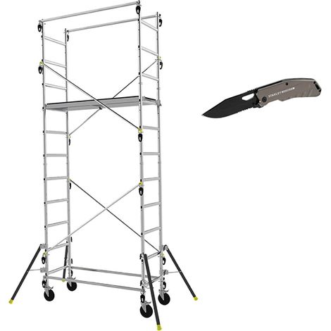 Echafaudage roulant alu - Spécial Passage Etroit - Hauteur de travail max 4.7m + Couteau de poche STANLEY - 347703-COUTEAU