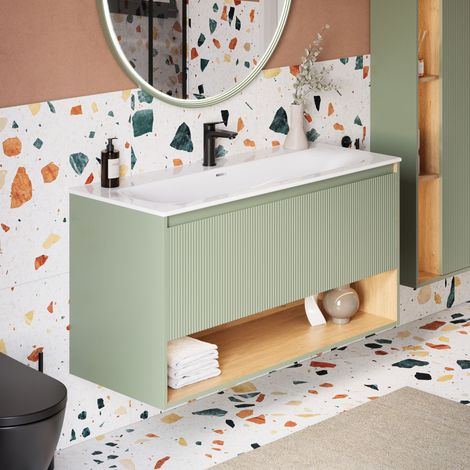 BERNSTEIN - Mobile lavabo sospeso MDF Jade Green opaco, lavabo DURAVIT Bianco lucido + 1 foro rubinetto, troppopieno, piletta - 123x49x62cm - BELDIVO	Verde giada opaco, Con foro rubinetto 1x