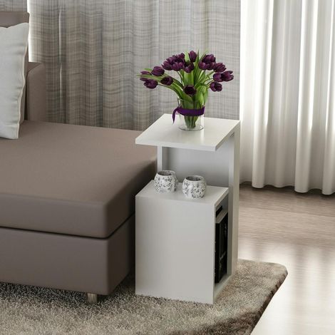 Bout de canapé blanc moderne 2 tablettes 1 niche MARFA