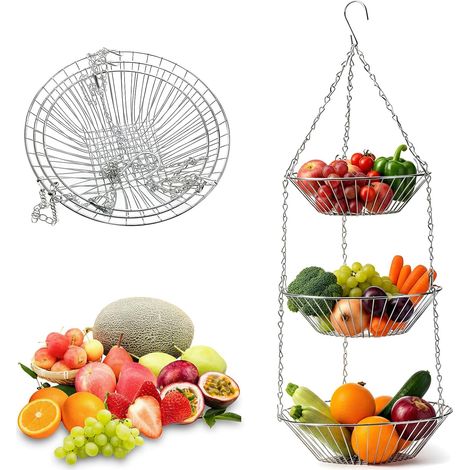 Hängender Obst- und Gemüsekorb, H x D: 74 x 28 cm, Metall-Hängekorb, 3-stöckig, für Obst, Gemüse, Brot, Pflanzen, Silber (1/5)