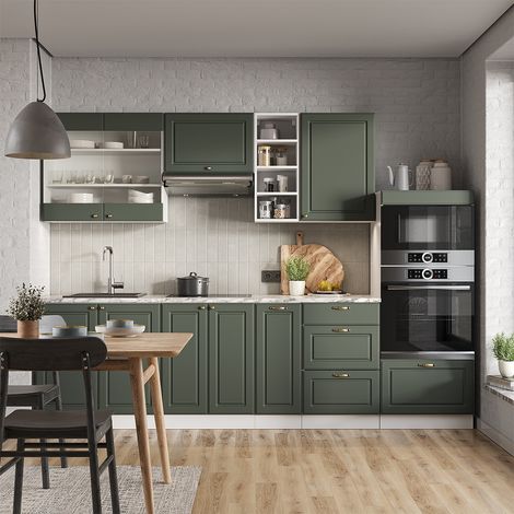 Cucina componibile Fame-Line, Verde-oro rustico/Bianco, 280 cm senza piano di lavoro, Vicco