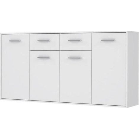 Buffet bas PILVI - 4 portes et 2 tiroirs - Blanc mat - L 162,3 x P 34,2 x H 88,1 cm (1/5)