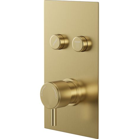 Colore Round Brushed Brass Concealed Push Button Shower Valve with Fully Knurled Control Handle - 2 Outlet (1/5)