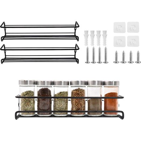 Lot de 2 étagères à épices sans perçage en métal pour cuisine, rangement mural pour épices et condiments, avec égouttoir (1/5)