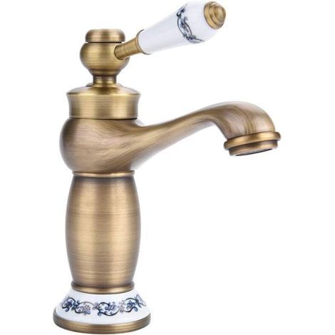 Robinet Antique Laiton Céramique Évier Salle de Bains Porcelaine Bleu Blanc Long Col Rétro Mixeur Eau Froide Chaude (1/3)