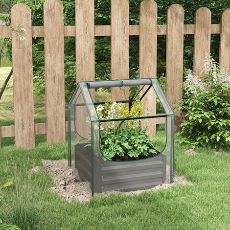 Carré potager de jardin avec mini serre. jardinière surélevée en acier galvanisé. 70 x 70 x 90 cm. gris foncé (1/5)