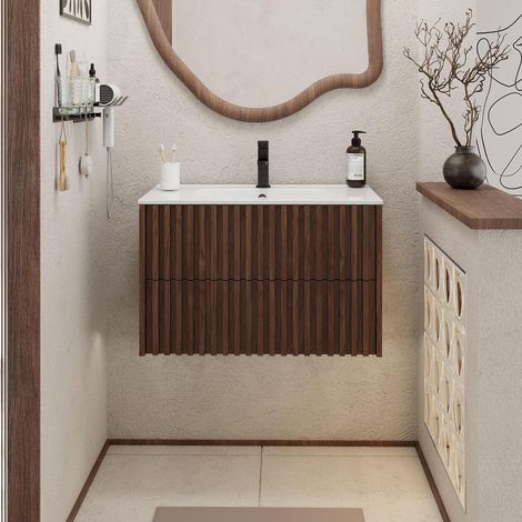 UEV Meuble Salle de Bain 80cm, Meuble Suspendu avec Lavabo en Céramique, Deux Tiroirs avec Grand Espace de Rangement, Poignée Cachée, Motif de Ligne, 80 x 45 x 50cm, Marron (1/5)