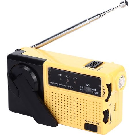 Radio manivelle, lampe torche LED à manivelle, mini radio AM/FM/WB rechargeable, lampe LED de secours extérieur (jaune, batterie intégrée incluse, compartiment piles sans batterie) (1/5)