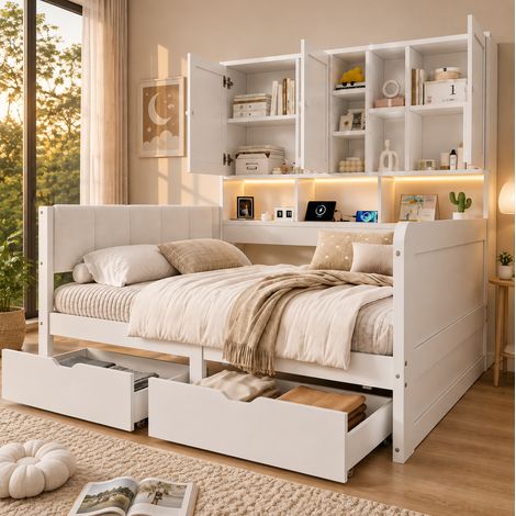 Lit enfant 90x200 avec rangements, LED, USB et tiroirs, blanc HAVRYA (1/5)