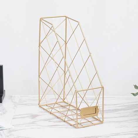 Porte-revues avec porte-étiquettes, étagère de rangement pour dossiers, étagère à dossiers, livres, courrier et journaux (compartiment unique, doré) (1/3)