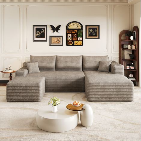 Canapé d’angle 241 cm en velours côtelé Camel, sans montage, modulable et confortable (1/5)