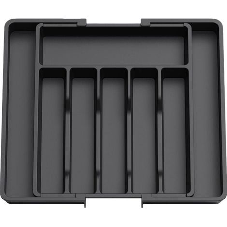 Organisateur de tiroir, plateau extensible pour ustensiles de cuisine, porte-couverts sans BPA, convient aux cuillères, fourchettes et couteaux, grande taille, noir. (1/4)