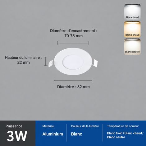 Panneau LED encastrable rond ultra-fin 3W blanc chaud 3000K Ø82mm 3w 82 70-78mm 3000k 15 g – Livraison gratuite