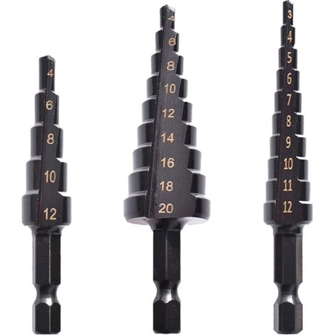 Jeu de 3 forets étagés HSS au cobalt, revêtus de nitrure noir, pour le perçage de panneaux fins en fer, acier, PVC et bois. (1/5)