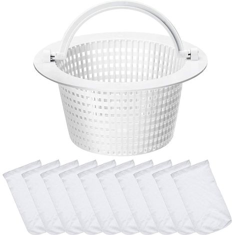 Petit panier d'écumage standard avec 10 manchons d'écumage de piscine en nylon élastique durable (poignées blanches). (1/5)