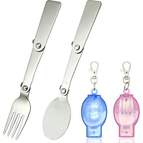 Fourchette Et Cuillère Pliables - En Acier Inoxydable - Avec Étui De Transport Et Porte-Clés - Pour Voyage Camping Pique-Nique - Lot De 2 (1/3)