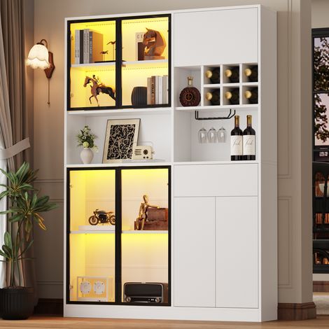 Vetrina bianca 140x30x200 cm con illuminazione a LED, 7 ante, 1 cassetto, 6 portabottiglie, mobile multifunzionale per TV e soggiorno (1/5)