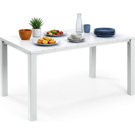 Dmora - Mesa de jardín Listowel, Base de picnic, Mesa de comedor de jardín, Banco multiusos para exterior, 147x90 h75 cm, Blanco (1/5)