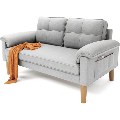 Bealife 2-Personen-Couch skandinavisch aus Stoff und Holz mit 2 Kissen und 2 Armlehnen für Wohnzimmer oder Schlafzimmer 144 x 77 x 77 cm grau
