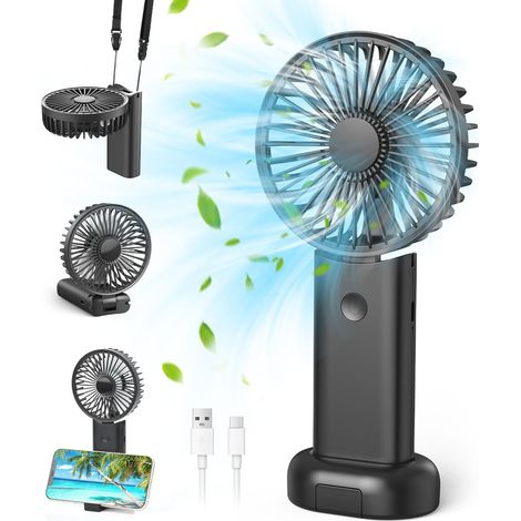 Noir,Ventilateur Portable, Portatif Electrique Fan de Bureau À Pile Ventilateur Silencieux Chambre 5 en 1 Ventilateur Voiture 3 Vitesses pour Voyages, Maquillage,Camping,Bureau À Domicile, Extérieur (1/5)