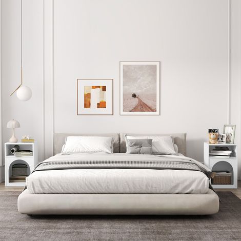 Ensemble de 2 tables de chevet, table de chevet avec compartiments ouverts, design arqué, 40 x 30 x 60 cm, blanche (1/5)