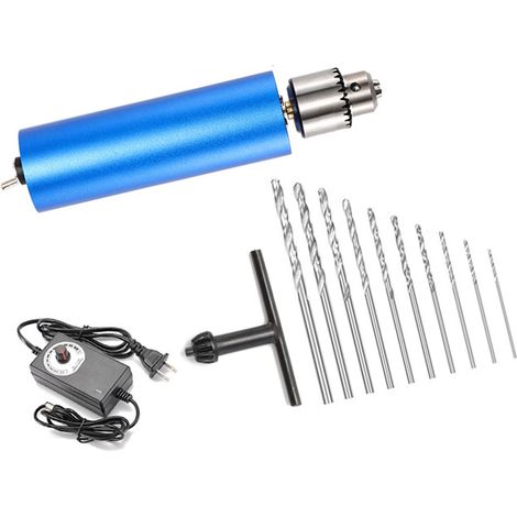 Micro touret électrique portable sans gradation vitesse acier inoxydable bleu 3x9cm gravure polissage 1 clé 10 forets coffret (1/4)