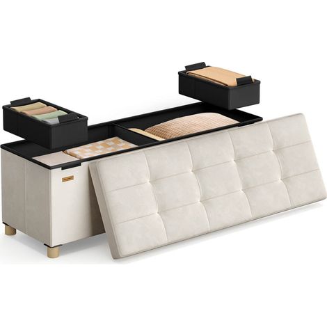 Banco plegable con almacenaje en forma de cubo 38 x 110 x 40 cm puf con reposapiés 112 litros superficie de terciopelo para dormitorio salón dormitorio beige 120004145 (1/5)