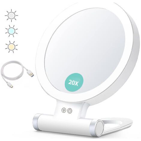 Planet Miroir grossissant avec lumière, 20x/1x, Double Face, Miroir de Maquillage Portable, éclairage 3 Couleurs, écran Tactile à intensité Variable (1/5)
