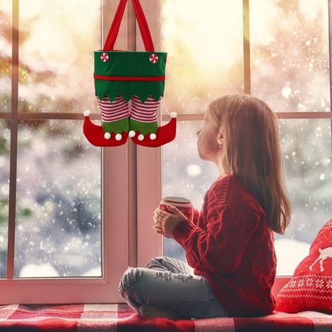 Sac cadeau de Noël en non-tissé, lutin vert, pochette à poignée, sachet de bonbons, pied vert, 1 pièce (1/5)