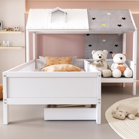 Maisonnette enfant bois lit simple 90x200 blanc, multifonction avec tente en tissu, coussin inclus, tiroirs intégrés, sans matelas