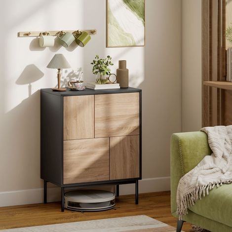 Credenza in legno e metallo nera, 4 vani chiusi, ante push-to-open, design moderno (1/4)