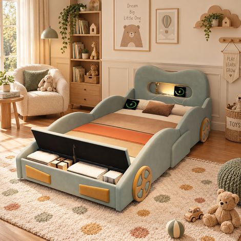 Lit voiture enfant 90x200cm avec lampe de lecture, port de charge, tiroir au pied et roues décoratives, lit rembourré en flanelle, vert