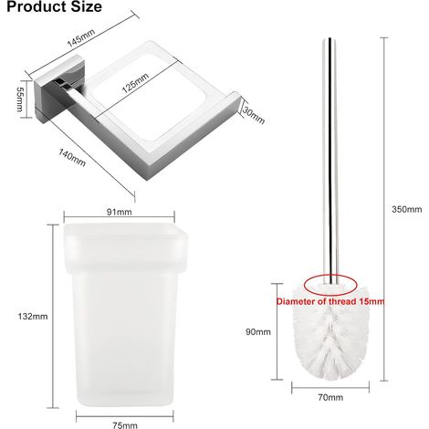 Brosse de Toilette avec Brosse de Rechange, Brosse WC en Verre Mat et Satiné, Kit de Fixation Murale et Debout, Accessoires de Salle de Bain, Amovible Support en Acier Inoxydable Chrome Miroir