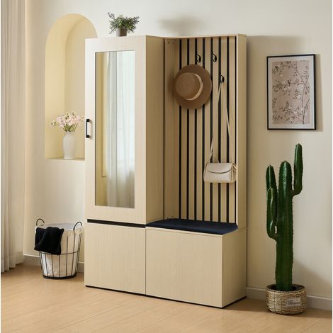 Vestidor de entrada con espejo y banco, almacenamiento para zapatos, 4 ganchos, MDF acabado madera (1/5)