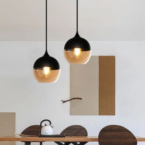 2PCS Suspension Luminaire Industriel E27 Lustre Moderne Abat-jour Sphère Noir et Transparent-Sarcelle en Verre - Ø20H23cm (1/5)