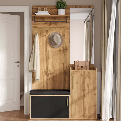 Garde-robe compacte avec miroir et banc, meuble d'entrée avec
porte-chaussures et crochets (1/5)