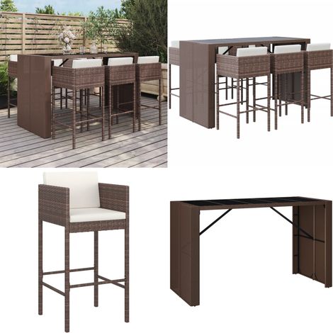 Ensemble de bar de jardin avec coussins 7 pcs marron poly rotin - Salon De Jardin - Mobilier De Jardin - Set De Bar Extérieur - Table De Bar - Chaises De Bar - Home & Living