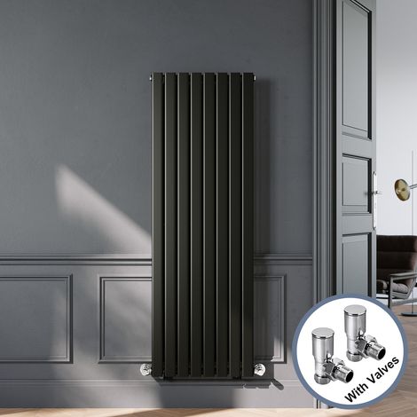 ELEGANT Designer Black Vertical Radiator 1600 x 544mm Single Panel Flat Panel Rads with Chrome Angled Radiator Valves (1/5)