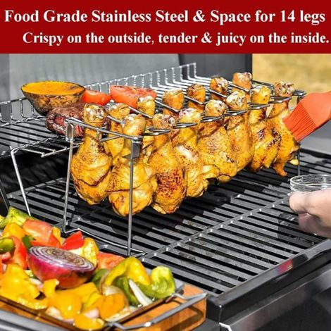 Lot de 2 Supports à poulet 14 fentes, Acier inoxydable, Pour barbecue et four, Cuisson uniforme ailes et cuisses (1/5)