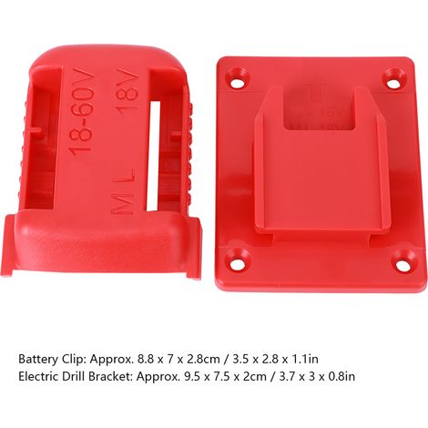 Support de montage rouge pour fixer les batteries DeWalt 20V et les batteries Miwitch 18V, ainsi que les outils électriques. (1/4)
