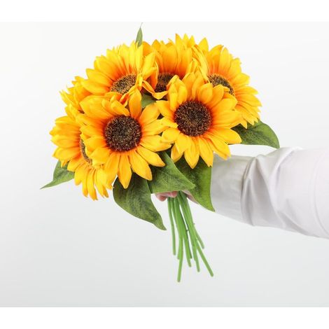 QAZQA Tournesols Artificiels avec Tiges, Bouquet De Tournesols En Fausse Soie Bouquets De Demoiselle D'honneur De Mariage Maison Garden Party Centre De Table 5 Pièces