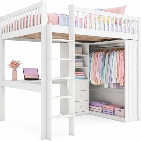Letto a soppalco 140x200 cm con scrivania, armadio, 3 cassetti e vano aperto, in pino e MDF, bianco, con scala e protezioni laterali per camera ragazzi  CHICFURN (1/5)